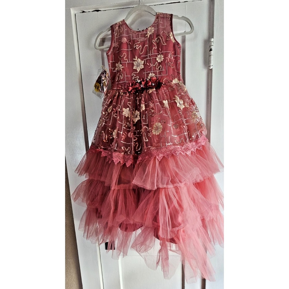 Jaida & Sons DM DRESSES 7-8 Yrs pink ruffles lace sequin‎ tulle full gown +mask